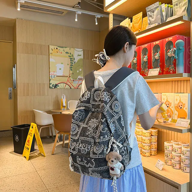 科物酷 复古百搭上课撞色拼块大容量 牛仔 双肩包 男女同款情侣款 多色