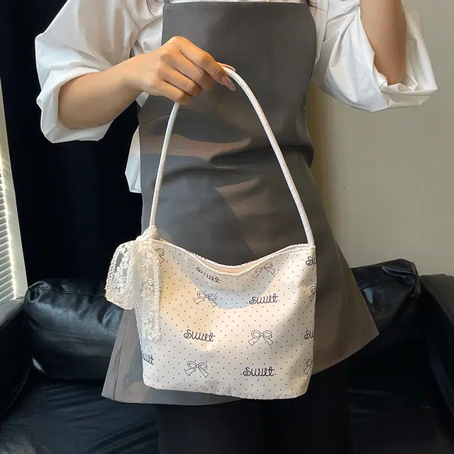 科物酷 小众蝴蝶结波点小巧外出森系逛街旅行休闲百搭洋气甜美少女腋下包 尼龙 单肩包 男女同款情侣款 白色/粉色