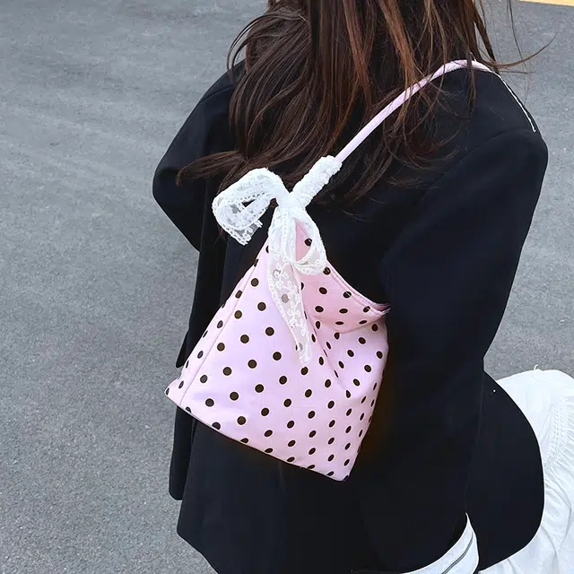科物酷 小众蝴蝶结波点小巧外出森系逛街旅行休闲百搭洋气甜美少女腋下包 尼龙 单肩包 男女同款情侣款 白色/粉色