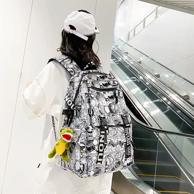 科物酷 涂鸦漫画初中生大学生潮牌时尚潮流高中生 尼龙 双肩包 男女同款情侣款 黑色/白色/灰色