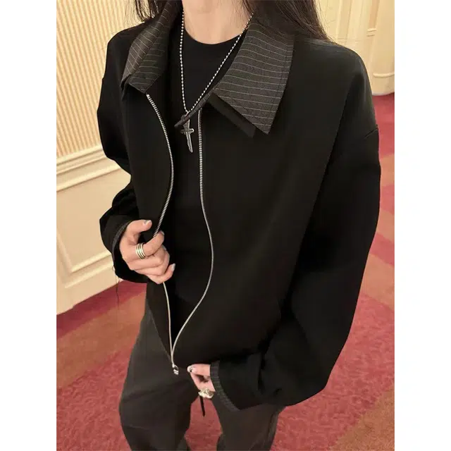 微牛 高智感双层领极简风假两件条纹衬衫拼接美式街头哈灵顿飞行员少年感日常休闲翻领长袖行政夹克外套 男女同款
