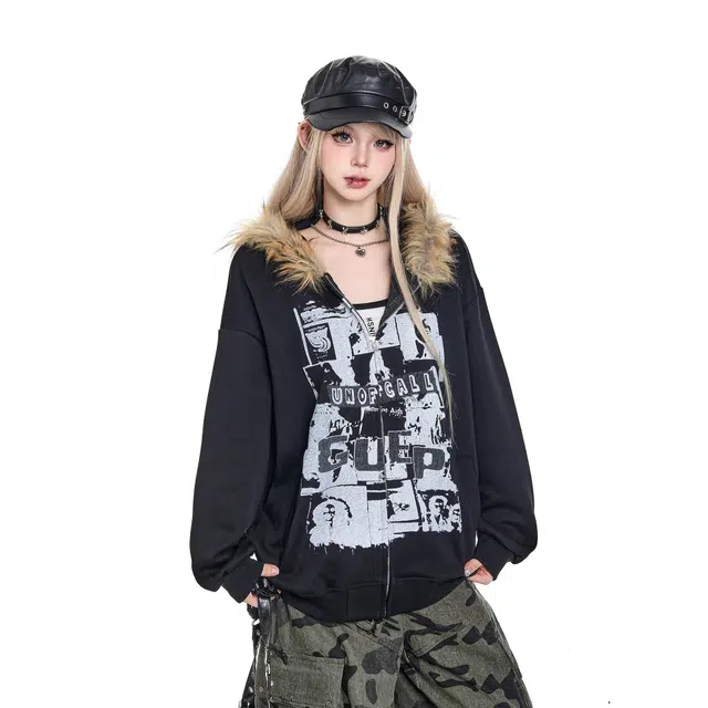 微牛 美式复古街头人物字母宽松连帽拉链开衫卫衣 男女同款