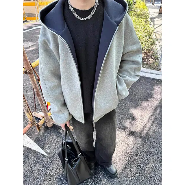 微牛 内外撞色美式高街高级感开衫外套双拉链宽松春秋季小众设计感休闲百搭潮牌简约廓形长袖重磅连帽卫衣 男女同款