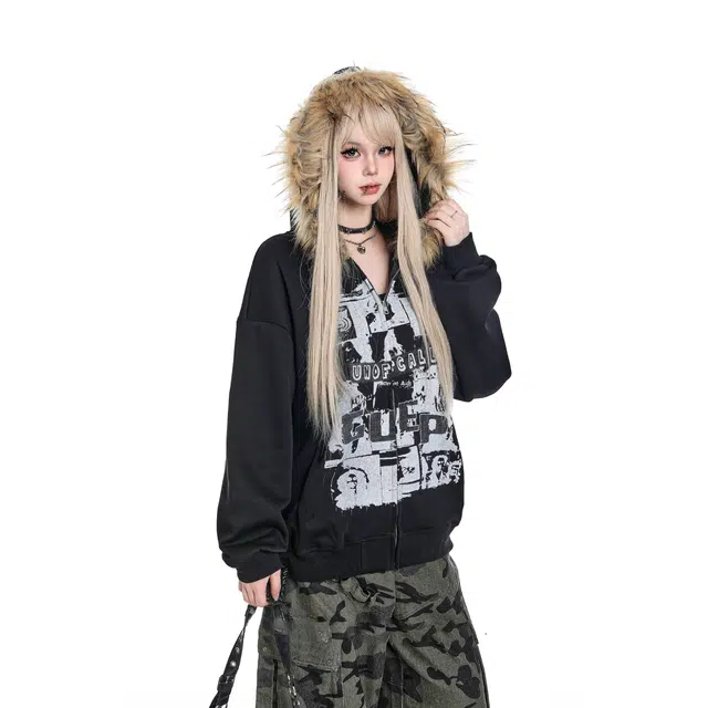 微牛 美式复古街头人物字母宽松连帽拉链开衫卫衣 男女同款