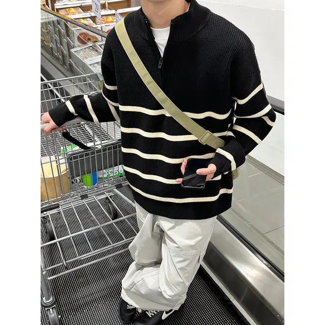 微牛 老钱风美式复古条纹拼接设计半高领半拉链软糯舒适慵懒感毛线衣日常休闲叠穿时尚百搭套头长袖针织衫 男女同款