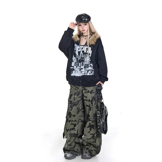 微牛 美式复古街头人物字母宽松连帽拉链开衫卫衣 男女同款