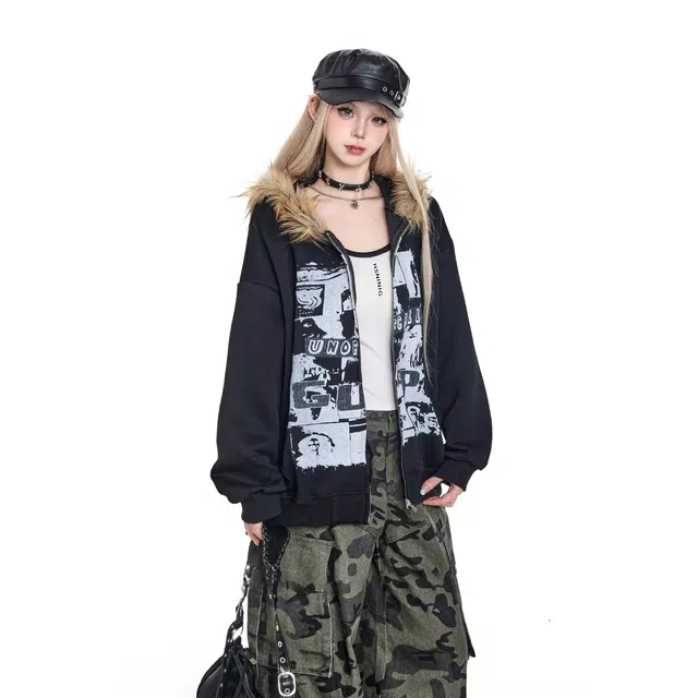 微牛 美式复古街头人物字母宽松连帽拉链开衫卫衣 男女同款