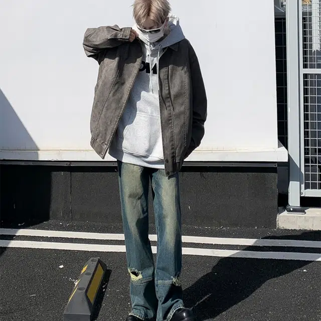 地界二 纯色麂皮绒翻领男日系简约复古宽松百搭青少年上衣服纯色麂皮绒翻领夹克 男款