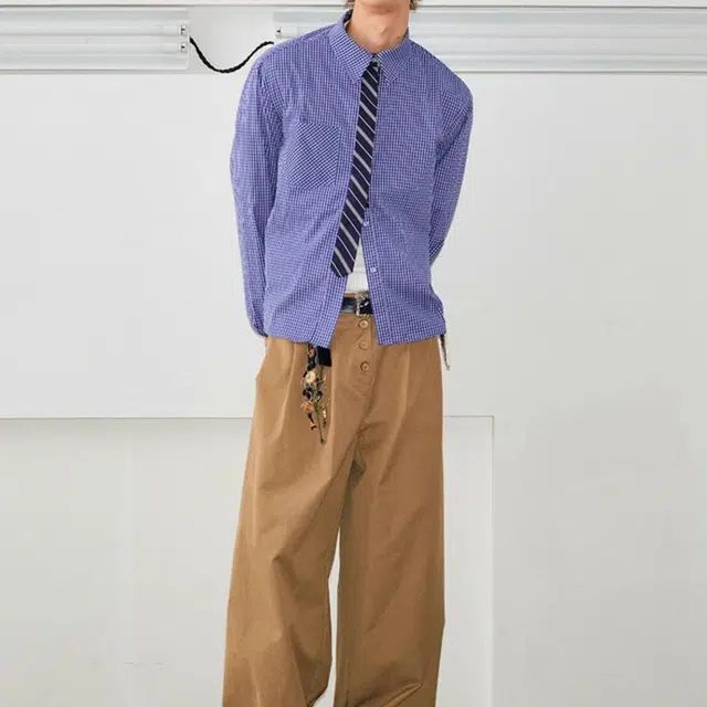 地界二 美式复古潮牌格子长袖衬衣男学院风宽松百搭领带格纹外套复古格子长袖潮衬衫 男款