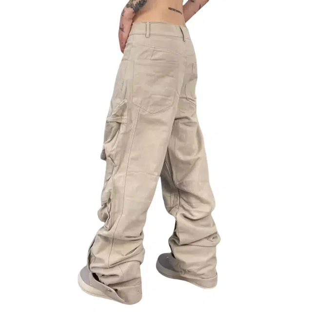 地界二 多口袋工装裤男秋冬季美式潮牌宽松褶皱伞兵小众户外裤牛仔裤 男款