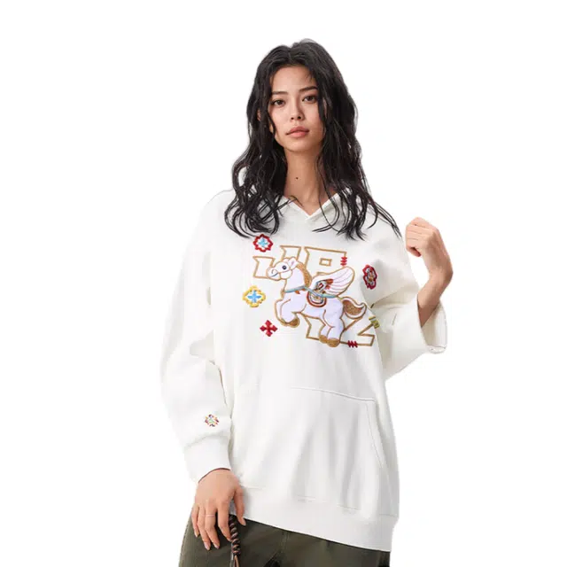 地界二 国潮卡通天马刺绣特色帽檐宽松情侣帽衫重工字母休闲连帽卫衣 男女同款