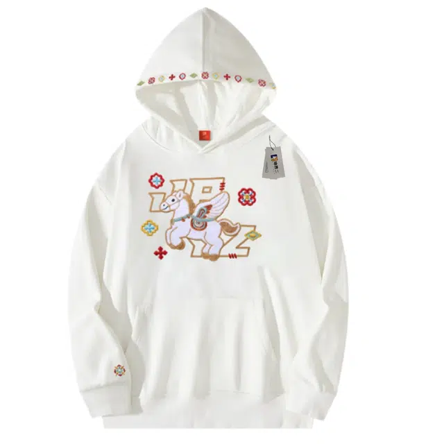 地界二 国潮卡通天马刺绣特色帽檐宽松情侣帽衫重工字母休闲连帽卫衣 男女同款