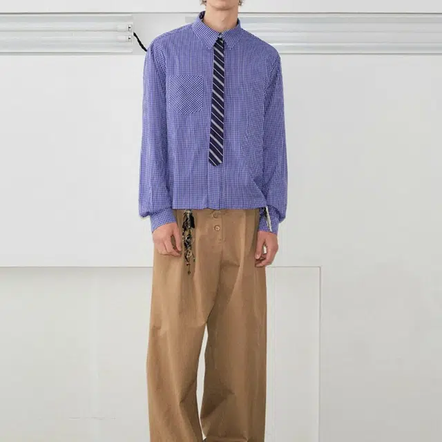 地界二 美式复古潮牌格子长袖衬衣男学院风宽松百搭领带格纹外套复古格子长袖潮衬衫 男款