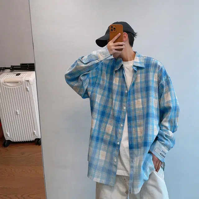 地界二 美式复古做旧毛边蓝色格子男秋季潮牌百搭休闲宽松长袖衬衣复古做旧毛边格子长袖潮衬衫 男款