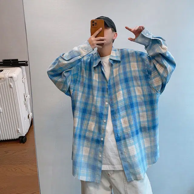 地界二 美式复古做旧毛边蓝色格子男秋季潮牌百搭休闲宽松长袖衬衣复古做旧毛边格子长袖潮衬衫 男款