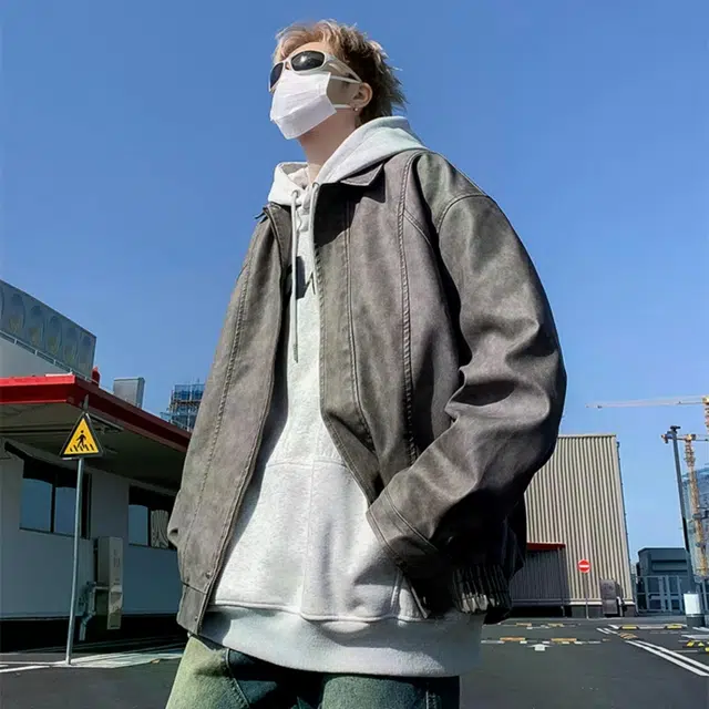 地界二 纯色麂皮绒翻领男日系简约复古宽松百搭青少年上衣服纯色麂皮绒翻领夹克 男款