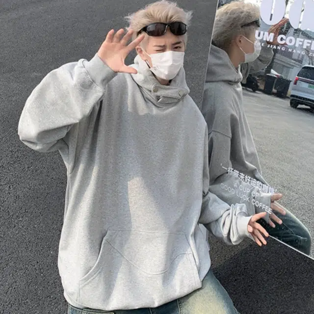 地界二 日系简约纯色连帽男士春季小众潮牌纽扣设计百搭休闲外套高领连帽春季纯色常规潮套头卫衣 男款