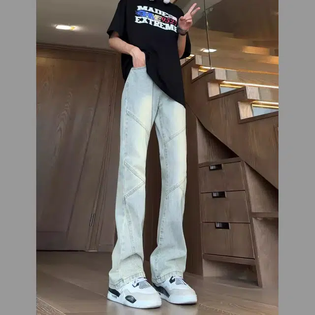 大白鲨 美式复古韩版港风拼接直筒微喇高街潮流百搭休闲设计感水洗做旧显高裤子牛仔裤 男女同款