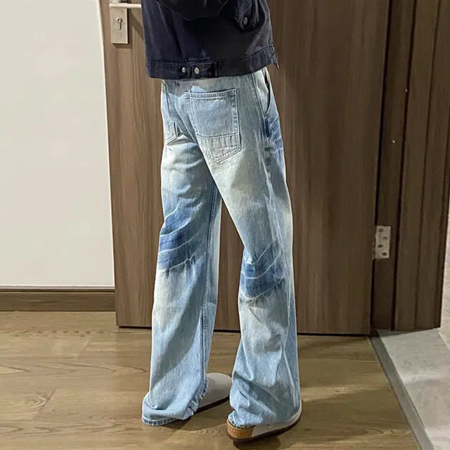 虫小绿 美式高街风水洗直筒弯刀微喇闪电裂纹长裤牛仔裤 男女同款