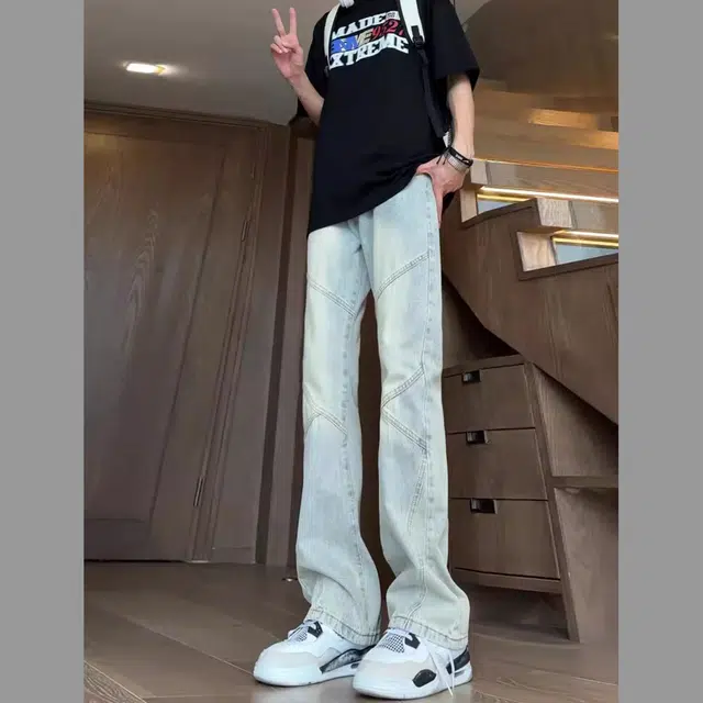 大白鲨 美式复古韩版港风拼接直筒微喇高街潮流百搭休闲设计感水洗做旧显高裤子牛仔裤 男女同款