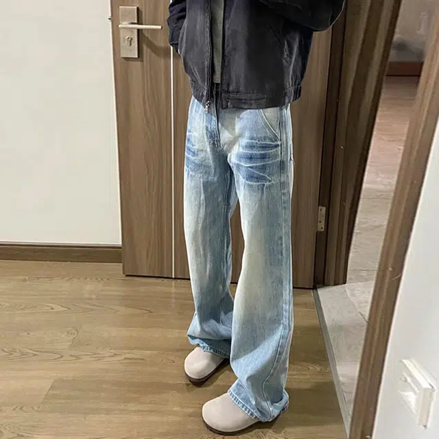 虫小绿 美式高街风水洗直筒弯刀微喇闪电裂纹长裤牛仔裤 男女同款