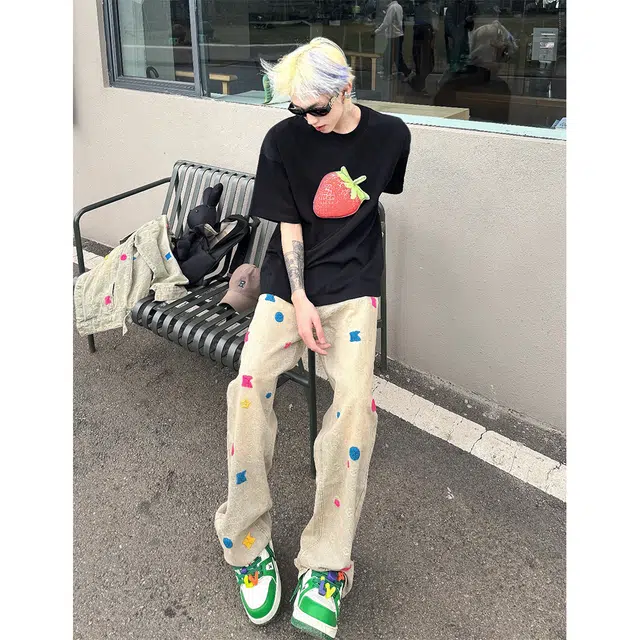 悍戈 美式复古高街风百搭多元素设计长裤牛仔裤 男女同款
