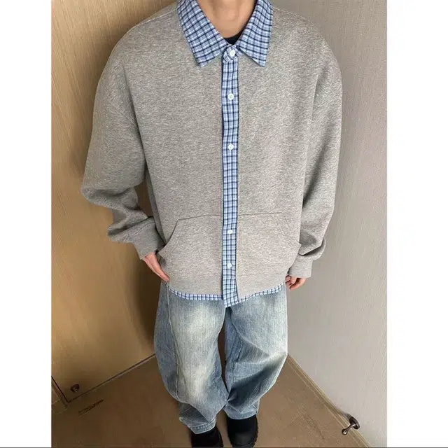 悍戈 韩系假两件拼接格纹衬衫 慵懒百搭宽松情侣款针织衫 男女同款