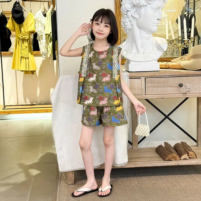 俞兆林休闲运动套装 童装新中式国风人丝香云纱上衣+松紧腰短裤两件套高档女童