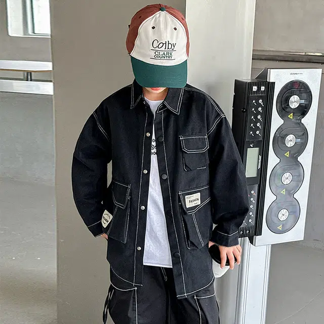 俞兆林上装 翻领开衫拼接柔软长袖 黑色 儿童款