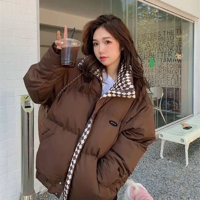 俞兆林 韩版宽松立领短款面包服外套潮流时尚棋盘格内衬棉服 女款