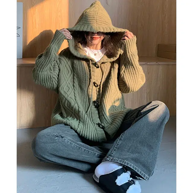 俞兆林 连帽麻花外套宽松垂坠感慵懒风中长款开衫上衣针织衫 女款