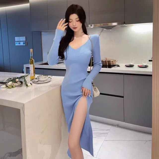 俞兆林 开叉针织修身显瘦打底中长款包臀裙子简约舒适优雅气质轻熟感潮长袖连衣裙 女款