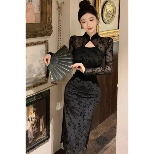 俞兆林 半开领包臀裙复古时尚开叉修身显瘦长袖连衣裙 女款