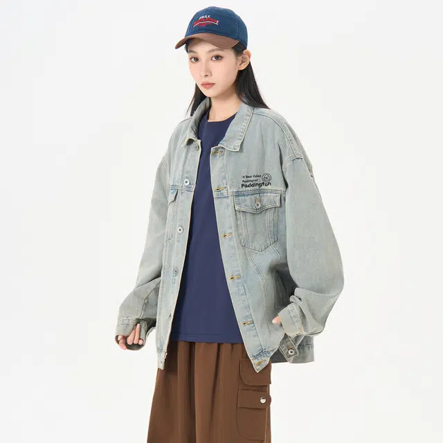 帕丁顿熊 复古学院风日系单排扣水洗基础款简约工装大口袋宽松休闲百搭翻领长袖夹克牛仔外套 男女同款