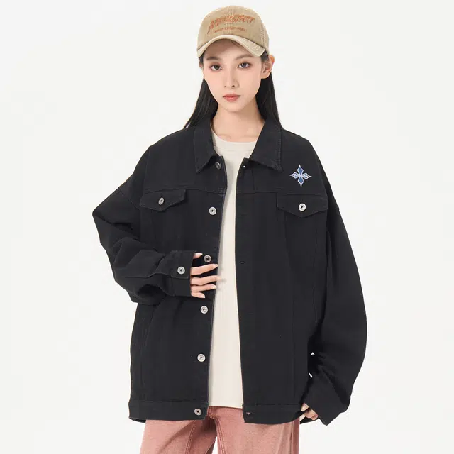 帕丁顿熊 美式复古哥特字母贴布刺绣学院风日系单排扣水洗基础款简约工装大口袋宽松休闲百搭翻领长袖夹克牛仔外套 男女同款