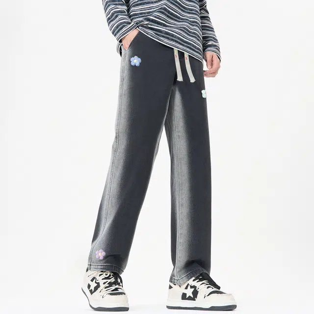 帕丁顿熊 美式复古可拆卸花卉别针水洗做旧侧边渐变宽松直筒波西米亚风刺绣抽绳休闲牛仔裤 男女同款
