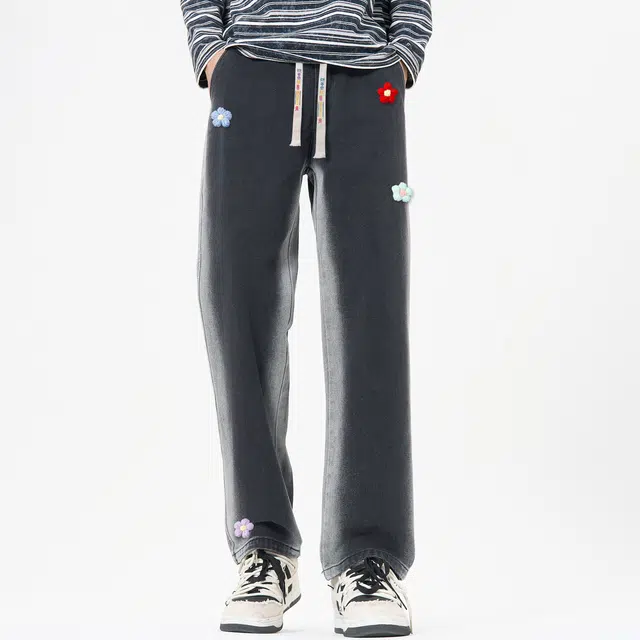 帕丁顿熊 美式复古可拆卸花卉别针水洗做旧侧边渐变宽松直筒波西米亚风刺绣抽绳休闲牛仔裤 男女同款