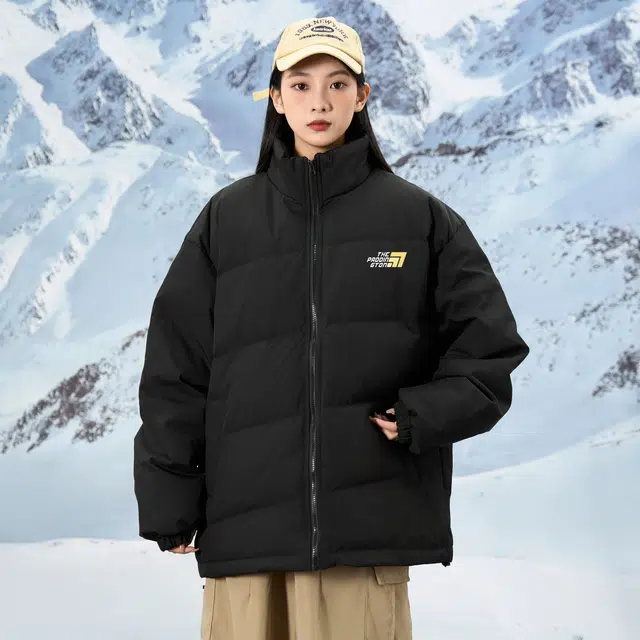 帕丁顿熊 基础款字母发泡印花纯色宽松休闲斜纹理泡芙云朵面包服防风门襟防寒保暖连帽加厚羽绒服外套 男女同款