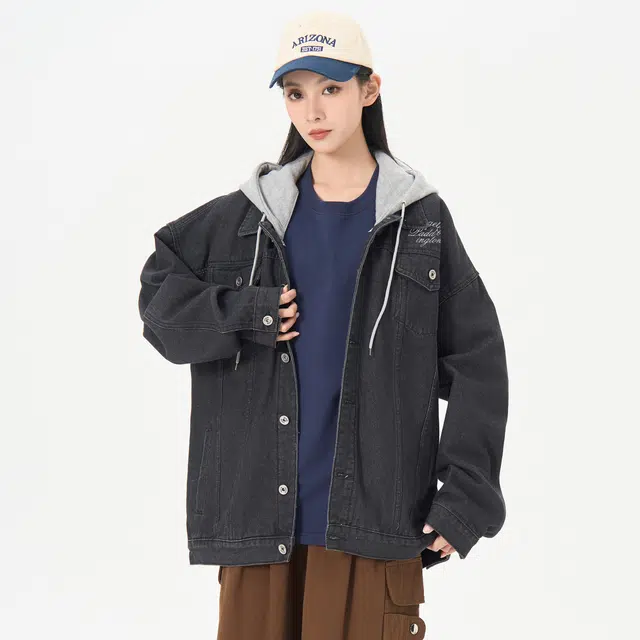 帕丁顿熊 美式基础款桃花手写字母刺绣假两件连帽可拆卸复古水洗宽松百搭夹克牛仔外套 男女同款