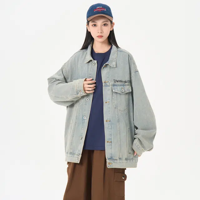 帕丁顿熊 美式复古哥特十字架刺绣学院风日系单排扣水洗基础款简约工装大口袋宽松休闲百搭翻领长袖夹克牛仔外套 男女同款