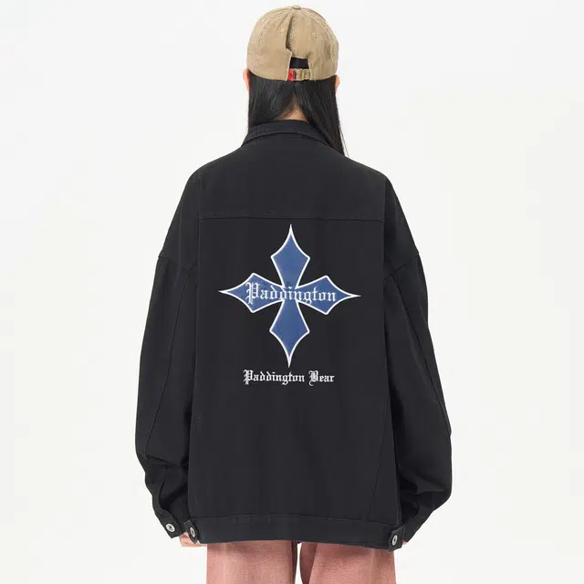 帕丁顿熊 美式复古哥特字母贴布刺绣学院风日系单排扣水洗基础款简约工装大口袋宽松休闲百搭翻领长袖夹克牛仔外套 男女同款