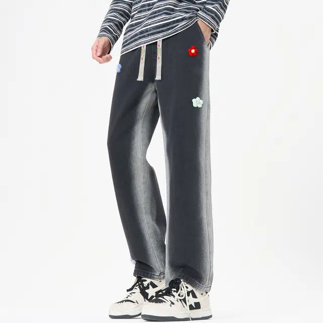 帕丁顿熊 美式复古可拆卸花卉别针水洗做旧侧边渐变宽松直筒波西米亚风刺绣抽绳休闲牛仔裤 男女同款
