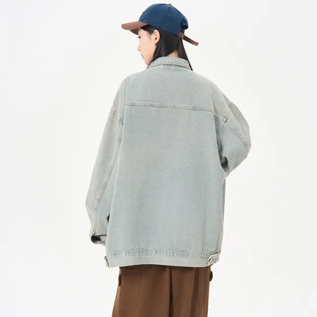 帕丁顿熊 复古学院风日系单排扣水洗基础款简约工装大口袋宽松休闲百搭翻领长袖夹克牛仔外套 男女同款