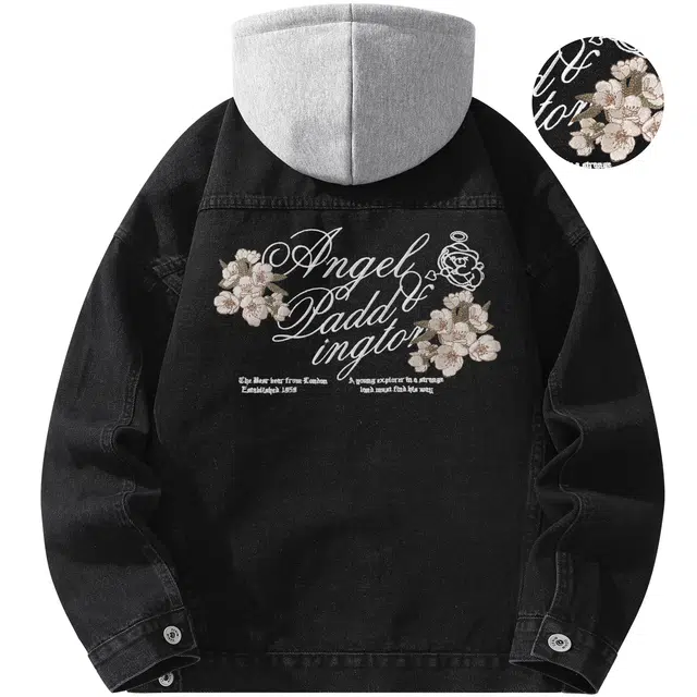 帕丁顿熊 美式基础款桃花手写字母刺绣假两件连帽可拆卸复古水洗宽松百搭夹克牛仔外套 男女同款