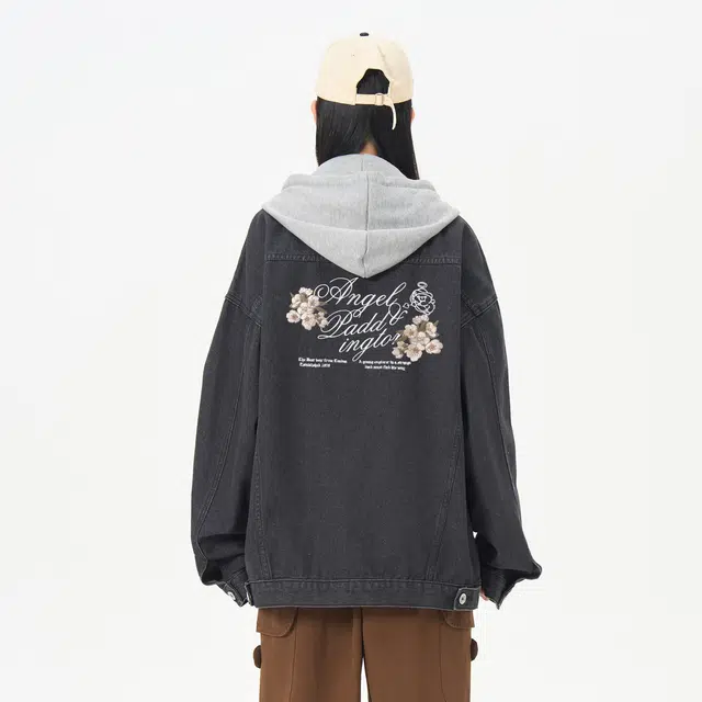 帕丁顿熊 美式基础款桃花手写字母刺绣假两件连帽可拆卸复古水洗宽松百搭夹克牛仔外套 男女同款