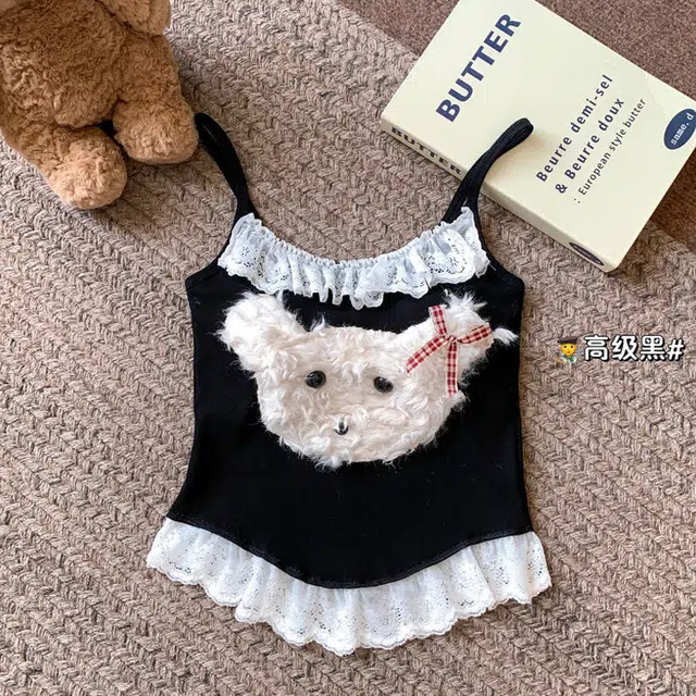 蒄趣 辣妹风蕾丝拼接带胸垫小吊带显瘦无袖上衣外穿毛毛小熊背心 女款