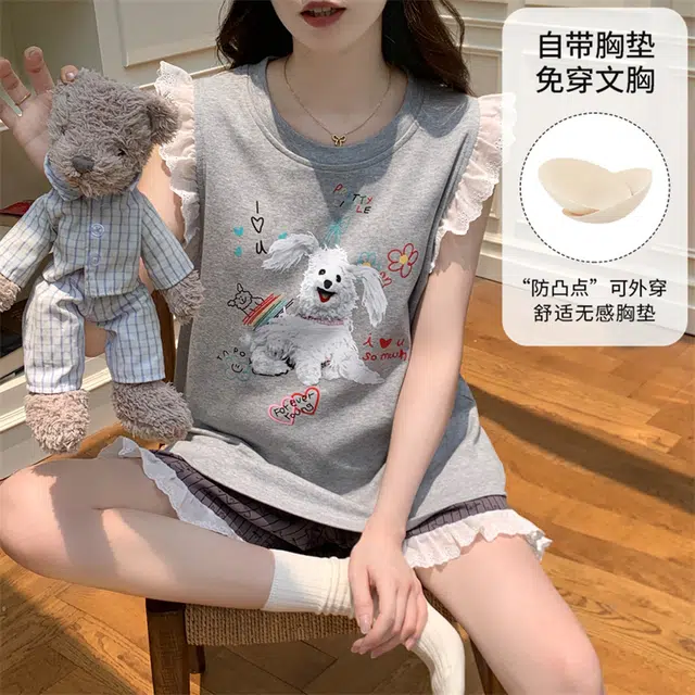 蒄趣 俏皮带胸垫一体可爱蕾丝套头可外穿家居服清凉夏季睡衣套装 女款