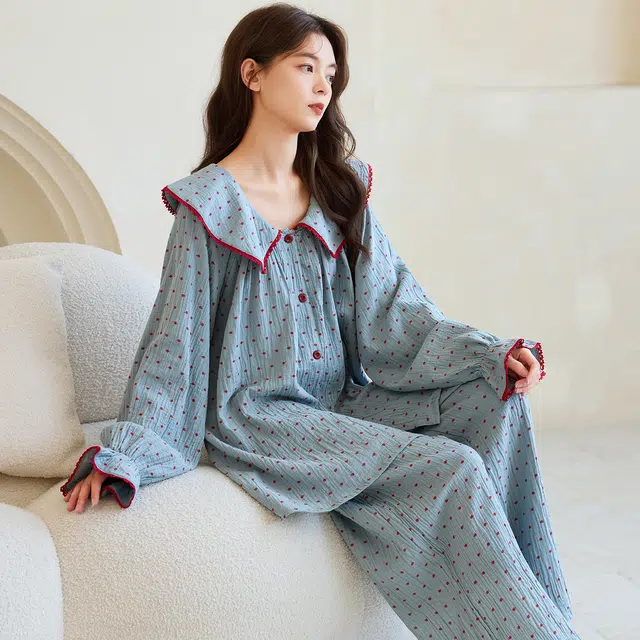 蒄趣 甜美淑女范家居服翻领波点长袖开衫撞色长裤薄款可外穿睡衣套装 女款