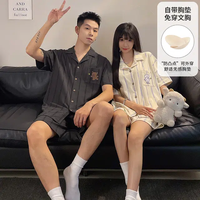 蒄趣 纯棉短袖开衫休闲宽松可外穿透气不闷热夏季睡衣套装 男款
