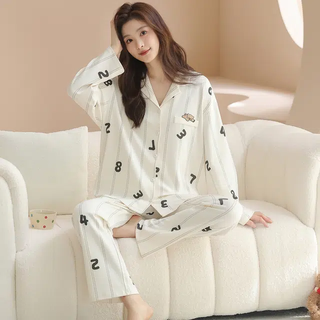 蒄趣 舒适可爱长袖可外穿家居服个性装饰亲肤薄款睡衣套装 女款